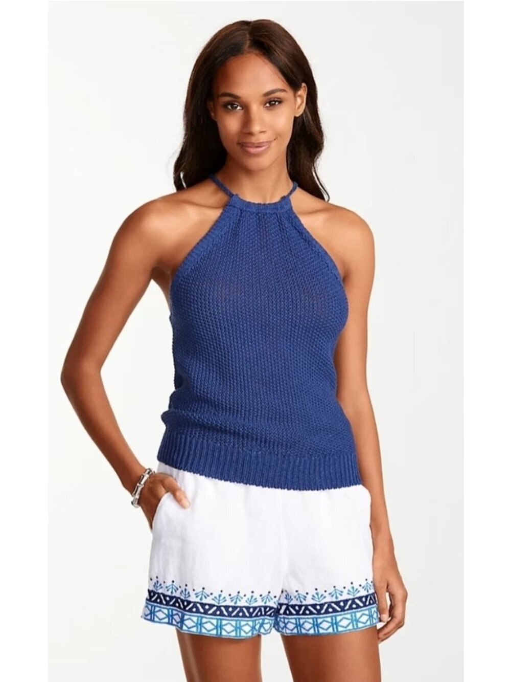 Tommy Bahama Paradise Sun Blue Halter Sweater Womens XXS Open Knit Lightweight